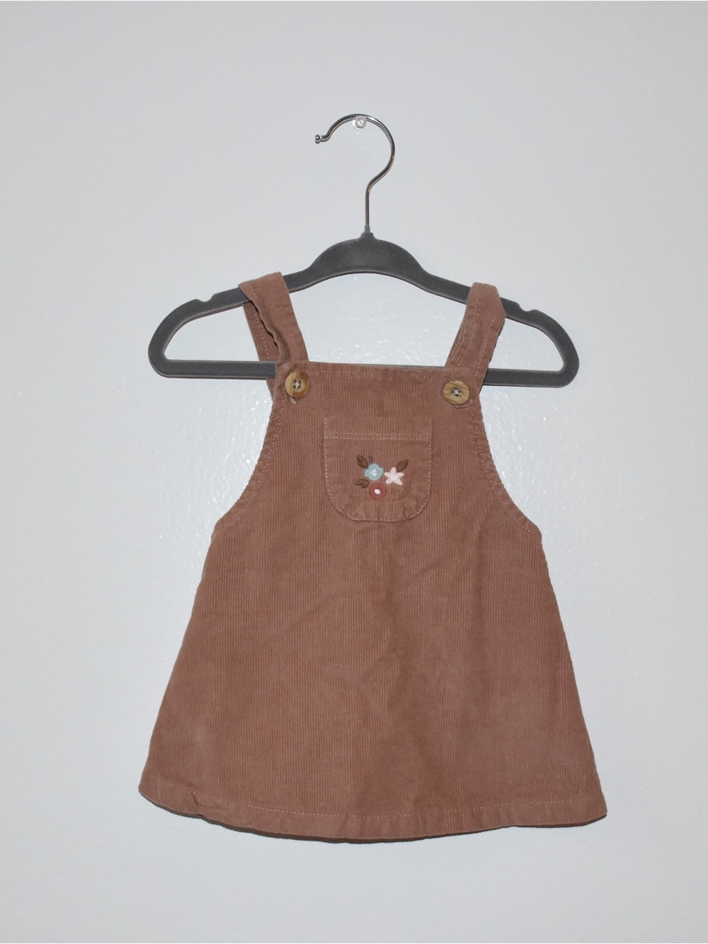 Girls' Brown Corduroy Pinafore Dress with Floral Pocket